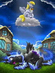 Size: 854x1136 | Tagged: source needed, safe, artist:kitsuneyoukai, derpibooru import, derpy hooves, nightmare moon, alicorn, pegasus, pony, cloud, commission, eating, food, image, lightning, muffin, png, proud, swirly eyes, unconscious