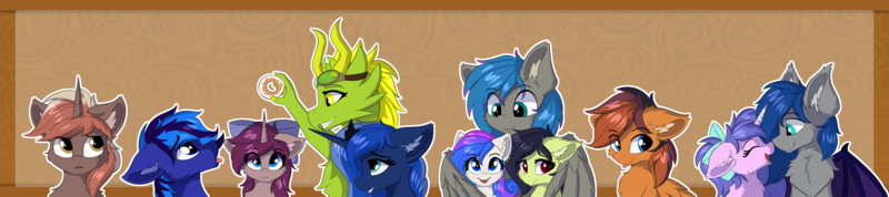 Size: 5400x1200 | Tagged: safe, artist:lunar froxy, derpibooru import, princess luna, oc, oc:autumn (darky) nights, oc:avici flower, oc:daravalia, oc:laconic nocturne, oc:lunar frost, oc:mochaswirl, oc:night shadow, oc:spectral bolt, alicorn, bat pony, pegasus, unicorn, annoyed, avifrost, bandage, banner, boop, bow, cheek fluff, dilated pupils, donut, ear fluff, female, food, hair bow, happy, hug, mare, noseboop, owo, shoulder fluff, smiling, winghug