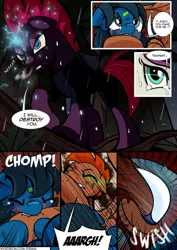 Size: 751x1063 | Tagged: safe, artist:dsana, derpibooru import, tempest shadow, oc, oc:lullaby dusk, oc:rust wing, oc:thistledown, pegasus, pony, unicorn, comic:a storm's lullaby, biting, comic, crying, knife, mama bear, rain, threat