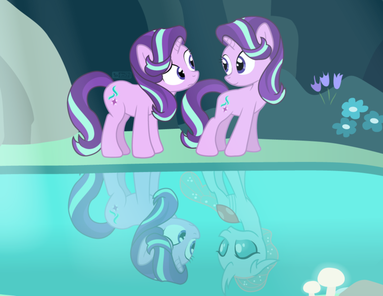 Size: 1100x850 | Tagged: safe, artist:dm29, derpibooru import, ocellus, starlight glimmer, changedling, changeling, pony, unicorn, altered reflection, cute, disguise, disguised changeling, glimmerbetes, mirror pool, not what it looks like, reflection, when you see it