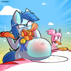 Size: 3000x3000 | Tagged: safe, artist:metalface069, derpibooru import, oc, oc:soft cloud, unofficial characters only, earth pony, pegasus, pony, belly, belly button, big belly, commission, eating contest, fat, food, gut rest, hot dog, huge belly, meat, outie belly button, ponies eating meat, sausage, stuffed, ych result