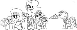 Size: 2000x800 | Tagged: safe, artist:nimaru, derpibooru import, princess celestia, rarity, starlight glimmer, sunset shimmer, twilight sparkle, twilight sparkle (alicorn), alicorn, pony, unicorn, black and white, book, female, filly, filly starlight glimmer, grayscale, monochrome, teapot, tongue out, tray, younger