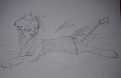 Size: 4032x2589 | Tagged: suggestive, artist:darthalex70, derpibooru import, oc, oc:silent echo, earth pony, ghoul, pony, undead, fallout equestria, bed, bedroom eyes, leopard print, makeup, sketch, solo, traditional art