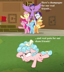 Size: 1280x1438 | Tagged: alicorn, all bottled up, applejack, applejack's hat, bow, cowboy hat, cozybuse, cozy glow, derpibooru import, edit, edited screencap, escape room, fluttershy, hat, mane bow, mane six, pinkie pie, pun, rainbow dash, rarity, safe, screencap, speech, tail bow, talking, the ending of the end, twilight sparkle, twilight sparkle (alicorn)