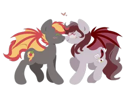 Size: 2576x1890 | Tagged: safe, artist:amazing-artsong, derpibooru import, oc, oc:savory zest, oc:scarlet quill, unofficial characters only, bat pony, pony, bat pony oc, bat wings, blushing, boop, commission, couple, cute, digital art, eyes closed, female, glasses, male, mare, married, married couple, noseboop, oc x oc, ocbetes, scarlory, shipping, simple background, stallion, transparent background, wings, ych result