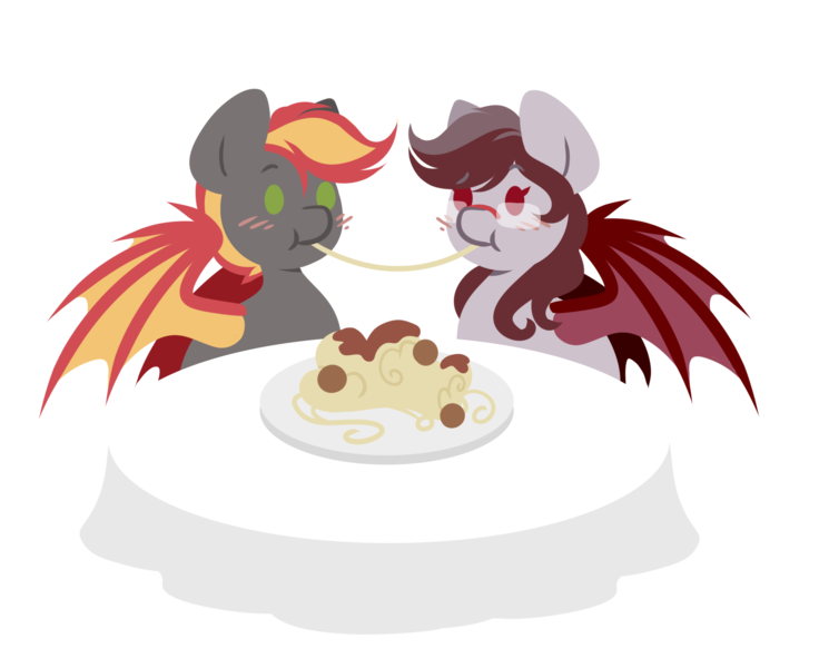 Size: 2452x1998 | Tagged: safe, artist:amazing-artsong, derpibooru import, oc, oc:savory zest, oc:scarlet quill, unofficial characters only, bat pony, pony, bat pony oc, bat wings, blushing, commission, couple, cute, digital art, eating, female, food, glasses, male, mare, married, married couple, meatballs, oc x oc, ocbetes, pasta, scarlory, shipping, simple background, spaghetti, stallion, transparent background, wings, ych result