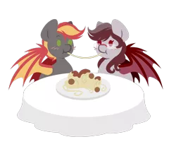 Size: 2452x1998 | Tagged: safe, artist:amazing-artsong, derpibooru import, oc, oc:savory zest, oc:scarlet quill, unofficial characters only, bat pony, pony, bat pony oc, bat wings, blushing, commission, couple, cute, digital art, eating, female, food, glasses, male, mare, married, married couple, meatballs, oc x oc, ocbetes, pasta, scarlory, shipping, simple background, spaghetti, stallion, transparent background, wings, ych result