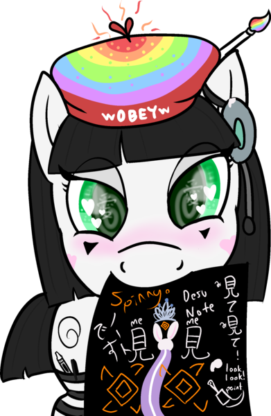 Size: 1560x2393 | Tagged: safe, alternate version, artist:poniidesu, derpibooru import, oc, oc:silent clop, unofficial characters only, earth pony, pony, rabbit, /mlp/, 4chan, animal, anime, beret, clothes, cloud, crayon, cute, daaaaaaaaaaaw, death note, drawthread, female, fetish, hat, heart eyes, hypnosis, hypnosis fetish, japanese, jewelry, looking at you, mare, marker, meme, mouth hold, obey, ocbetes, paintbrush, simple background, socks, solo, spinning eyes, stockings, thigh highs, tiara, translated in the description, transparent background, wingding eyes