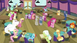 Size: 1920x1080 | Tagged: safe, derpibooru import, screencap, applejack, bon bon, bulk biceps, cheerilee, cranky doodle donkey, cup cake, daisy, doctor whooves, flower wishes, fluttershy, golden crust, goldengrape, granny smith, lily, lily valley, lyra heartstrings, matilda, maud pie, midnight snack (character), mudbriar, pinkie pie, rainbow dash, roseluck, sir colton vines iii, spike, sunburst, sweetie drops, time turner, twilight sparkle, twilight sparkle (alicorn), alicorn, donkey, dragon, earth pony, pegasus, pony, unicorn, a trivial pursuit, applejack's hat, background pony, bag, clothes, cowboy hat, facehoof, female, flower trio, friendship student, glowing horn, hat, horn, levitation, looking at each other, magic, magic aura, male, mare, maudbriar, robe, saddle bag, scroll, shipping, stallion, straight, sunburst's robe, telekinesis, unamused, winged spike