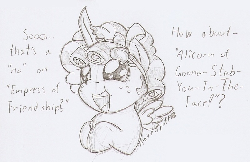 Size: 1024x667 | Tagged: safe, artist:ravenpuff, deleted from derpibooru, derpibooru import, cozy glow, pony, blade, fake alicorn, fake horn, monochrome, solo, traditional art