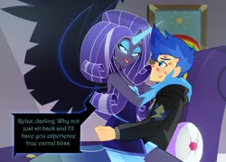 Size: 4448x3180 | Tagged: safe, artist:xan-gelx, derpibooru import, idw, flash sentry, nightmare rarity, rarity, equestria girls, spoiler:comic, bedroom eyes, clothes, commission, couch, dark magic, dialogue, dialogue box, digital art, equestria girls-ified, eyeshadow, female, girl on top, hands on shoulder, holiday, hoodie, jacket, kiss mark, lipstick, magic, makeup, male, nightmare sentrity, seductive, seductive look, sentrity, shipping, smiling, smirk, straight, talking, touch, wings
