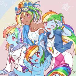 Size: 2048x2048 | Tagged: safe, artist:moh_mlp2, derpibooru import, kotobukiya, rainbow dash, human, pegasus, pony, equestria girls, anime, blushing, clothes, cute, dashabetes, dashstorm, eared humanization, female, goggles, high res, human ponidox, humanized, kotobukiya rainbow dash, looking at you, mare, miniskirt, moe, multeity, one eye closed, open mouth, sailor uniform, self ponidox, shorts, skirt, solo, stars, uniform, wink