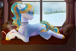 Size: 1525x1024 | Tagged: safe, artist:sharxz, derpibooru import, oc, oc:serene shores, unofficial characters only, pony, unicorn, couch, forest, horn, lounging, scene, snow, snowfall, solo, unicorn oc, window