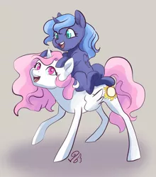 Size: 1327x1509 | Tagged: safe, artist:candasaurus, derpibooru import, princess celestia, princess luna, alicorn, pony, catchlights, duo, female, filly, highlights, open mouth, ponies riding ponies, riding, royal sisters, smiling, woona, younger