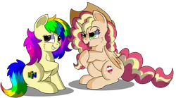 Size: 1280x710 | Tagged: safe, artist:rainbowtashie, author:bigonionbean, derpibooru import, applejack, pinkie pie, rainbow dash, sunset shimmer, oc, oc:queen motherly morning, oc:rainbow tashie, alicorn, earth pony, pony, alicorn oc, alicorn princess, commissioner:bigonionbean, cowboy hat, cutie mark, fusion, fusion:queen motherly morning, hat, horn, nintendo 64, simple background, stetson, transparent background, wings