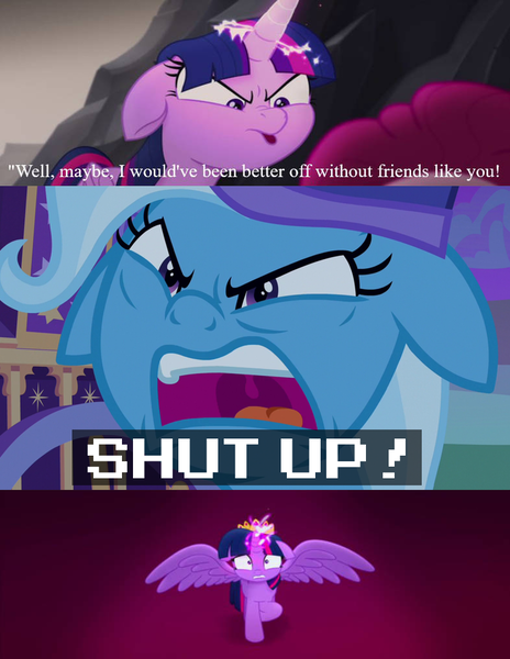 Size: 786x1017 | Tagged: alicorn, artist:mega-poneo, derpibooru import, edit, edited screencap, floppy ears, meme, my little pony: the movie, pinkie pie, safe, screencap, to where and back again, trixie, twilight sparkle, twilight sparkle (alicorn)