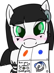 Size: 1558x2112 | Tagged: safe, alternate version, artist:poniidesu, derpibooru import, oc, oc:silent clop, unofficial characters only, earth pony, pony, robot, blushing, counting, drugs, fallout, gears, headset, looking at you, pill, solo