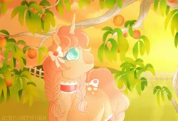 Size: 1920x1306 | Tagged: safe, artist:acry-artwork, derpibooru import, oc, oc:persica, pony, unicorn, bow, glasses, peach tree, peaches, solo, sunset