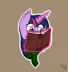 Size: 1700x1800 | Tagged: safe, artist:arrgus-korr, derpibooru import, twilight sparkle, alicorn, pony, book, bust, clothes, female, head only, magic, mare, portrait, reading, scarf, simple background, solo, sticker