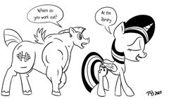 Size: 1200x675 | Tagged: safe, artist:pony-berserker, derpibooru import, bulk biceps, twilight sparkle, twilight sparkle (alicorn), alicorn, pegasus, pony, big head, black and white, duo, female, grayscale, male, mare, monochrome, pony-berserker's twitter sketches, signature, simple background, sketch, small head, speech bubble, stallion, white background