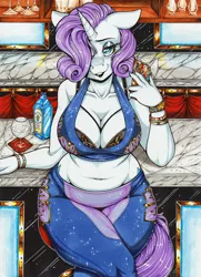 Size: 2470x3411 | Tagged: suggestive, artist:longinius, derpibooru import, rarity, anthro, unicorn, alcohol, bar, barstool, bedroom eyes, belly button, big breasts, black bra, black underwear, blushing, bra, bracelet, breasts, busty rarity, cleavage, clothes, female, gin, glass, jewelry, lingerie, lipstick, looking at you, makeup, mare, midriff, mobile phone, phone, revealing clothing, smartphone, smiling, solo, solo female, traditional art, underwear, watch, wristwatch