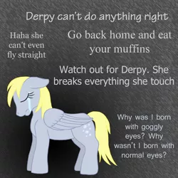 Size: 1100x1100 | Tagged: safe, artist:chili19, derpibooru import, derpy hooves, pegasus, pony, abstract background, crying, derpygate, eyes closed, female, mare, misspelling, sad, text, verbal abuse