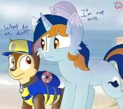 Size: 1599x1423 | Tagged: safe, artist:rainbow eevee, derpibooru import, oc, oc:ocean wave, dog, german shepherd, pony, unicorn, brown eyes, chase, chase (paw patrol), clothes, cute, dialogue, edgy, hat, male, ocean, orange eyes, paw patrol, sea patrol (paw patrol), text