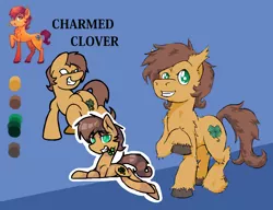 Size: 1024x786 | Tagged: safe, artist:lucas_gaxiola, artist:mcwolfity, derpibooru import, oc, oc:charmed clover, unofficial characters only, earth pony, pony, clover, earth pony oc, flower, flower in mouth, four leaf clover, grin, male, mouth hold, prone, raised hoof, reference sheet, smiling, stallion, story included, unshorn fetlocks