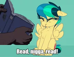 Size: 1302x1000 | Tagged: safe, artist:shinodage, derpibooru import, edit, oc, oc:apogee, unofficial characters only, human, pegasus, pony, apogee getting sprayed, book, caption, eyes closed, female, filly, floppy ears, frown, hand, image macro, meme, nigga, sitting, spread wings, text, the boondocks, vulgar, wings