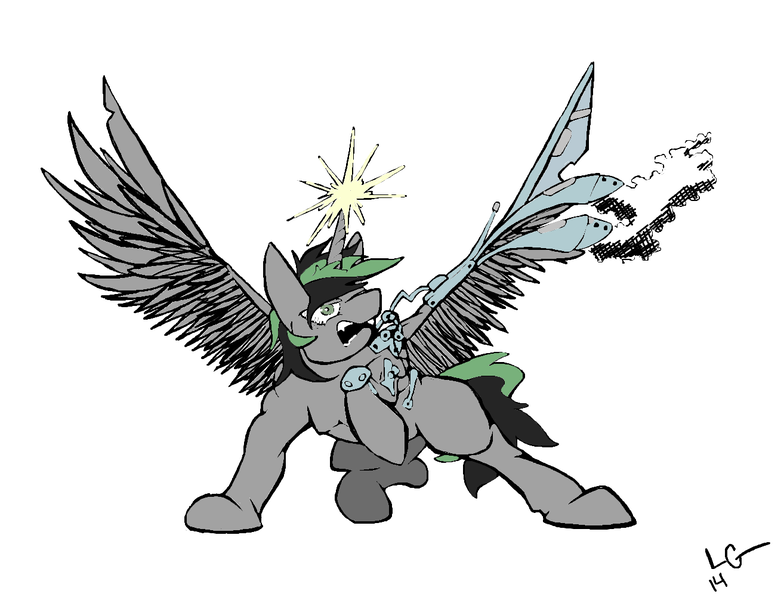 Size: 1314x1006 | Tagged: safe, artist:lucas_gaxiola, derpibooru import, oc, unofficial characters only, alicorn, pony, alicorn oc, amputee, artificial wings, augmented, glowing horn, horn, magic, prosthetic limb, prosthetic wing, prosthetics, raised hoof, signature, simple background, solo, spread wings, telekinesis, white background, wings