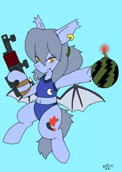 Size: 1451x2048 | Tagged: safe, artist:omegapony16, derpibooru import, oc, oc:oriponi, unofficial characters only, bat pony, pony, armor, bat pony oc, bat wings, bomb, ear piercing, earring, female, food, gun, hoof hold, jewelry, mare, piercing, signature, simple background, solo, watermelon, weapon, wings