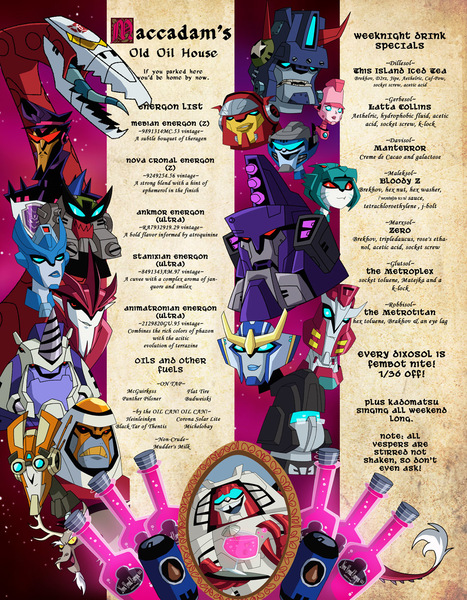 Size: 950x1221 | Tagged: artist:adelightfultedium, blaster, chromia, cy-kill, derpibooru import, discord, draconequus, hasbro, idw, knock out, official, pony cameo, rung, safe, sky lynx, strongarm, swerve, tidal wave, transformers, transformers animated, uncial script