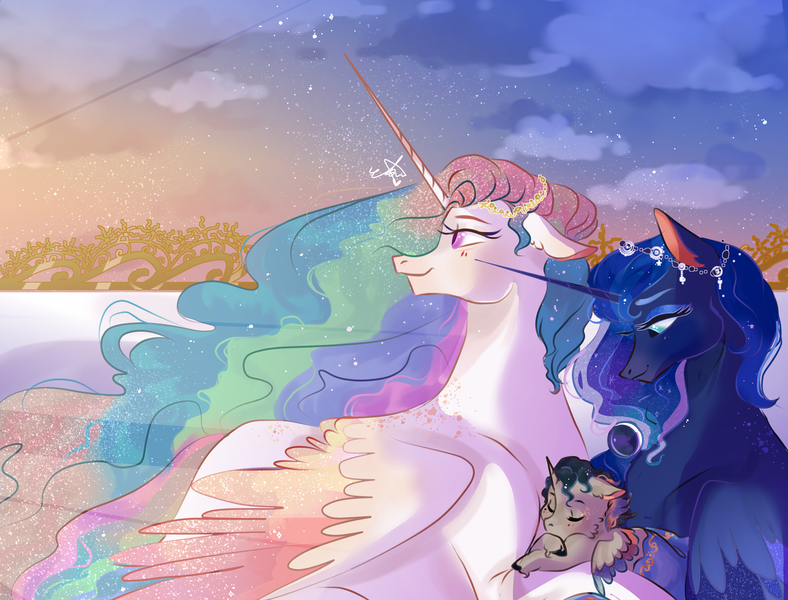 Size: 2982x2272 | Tagged: safe, artist:bunnari, derpibooru import, princess celestia, princess luna, oc, oc:equinoccio, alicorn, pony, alicorn oc, aunt and nephew, baby, baby pony, body freckles, colt, duo, female, foal, freckles, high res, horn, image, male, mare, mother and child, mother and son, offspring, parent:good king sombra, parent:princess celestia, parents:celestibra, png, royal sisters, story included, wings