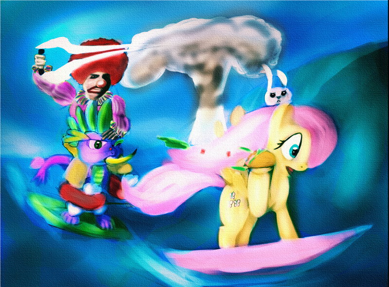 Size: 1442x1066 | Tagged: absurd, angel bunny, artist:daedric-pony, banana, clown, derpibooru import, energy weapon, fluttershy, food, safe, spike, surfboard, taco, weapon, wtf