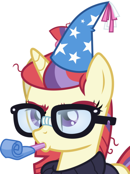 Size: 1253x1675 | Tagged: safe, artist:frownfactory, derpibooru import, moondancer, pony, unicorn, amending fences, .svg available, eyebrows, female, glasses, hat, horn, mare, party hat, party horn, simple background, solo, svg, transparent background, upset, vector