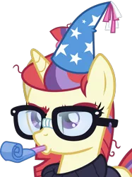 Size: 1253x1675 | Tagged: safe, artist:frownfactory, derpibooru import, moondancer, pony, unicorn, amending fences, .svg available, eyebrows, female, glasses, hat, horn, mare, party hat, party horn, simple background, solo, svg, transparent background, upset, vector