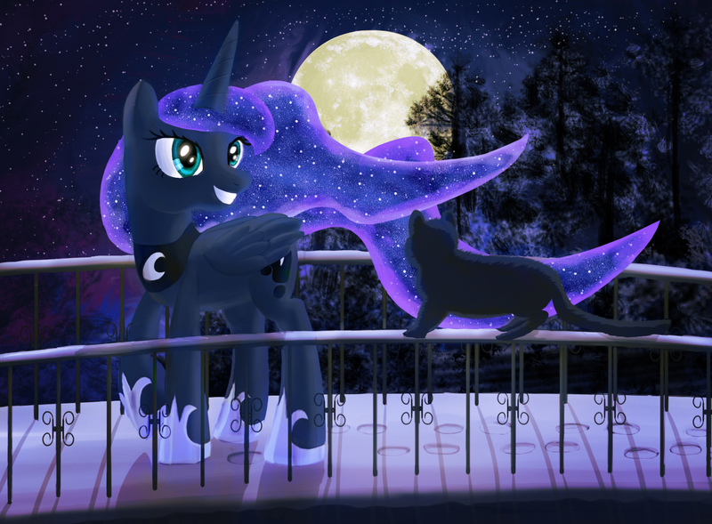 Size: 1631x1200 | Tagged: safe, artist:daedric-pony, derpibooru import, princess luna, alicorn, cat, pony, bridge, female, mare, moon, night, smiling, solo