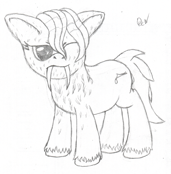 Size: 900x912 | Tagged: safe, artist:quint-t-w, derpibooru import, oc, oc:papercut, unofficial characters only, original species, pony, sabertooth pony, annoyed, fangs, lineart, old art, one eye closed, pencil drawing, sharp teeth, simple background, sketch, solo, teeth, traditional art, unshorn fetlocks, wet, wet mane, white background, wink