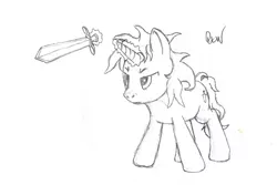 Size: 800x534 | Tagged: safe, artist:quint-t-w, derpibooru import, oc, unofficial characters only, pony, unicorn, magic, old art, pencil drawing, simple background, sketch, solo, sword, telekinesis, traditional art, weapon, white background