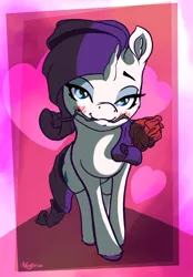 Size: 2160x3103 | Tagged: safe, artist:nookprint, derpibooru import, part of a set, rarity, pony, unicorn, bedroom eyes, blushing, cute, female, flower, flower in mouth, heart, high res, holiday, looking at you, mare, mouth hold, raribetes, rose, solo, unshorn fetlocks, valentine's day