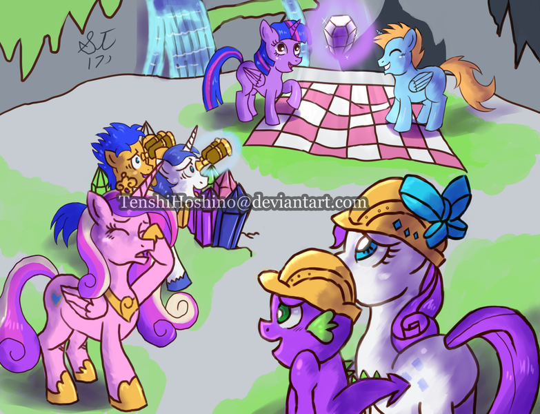 Size: 1600x1226 | Tagged: alicorn, alicorn oc, artist:tenshihoshino, binoculars, bow, derpibooru import, flash sentry, helmet, horn, mining helmet, oc, oc:harmony star, picnic blanket, princess cadance, quartz, rarity, safe, shining armor, spike, twilight sparkle, twilight sparkle (alicorn), waterfall, wings