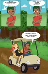 Size: 1280x1979 | Tagged: safe, artist:pettypop, derpibooru import, sunset shimmer, timber spruce, equestria girls, annoyed, comic, dialogue, forest, golf cart, parks and rec (show)