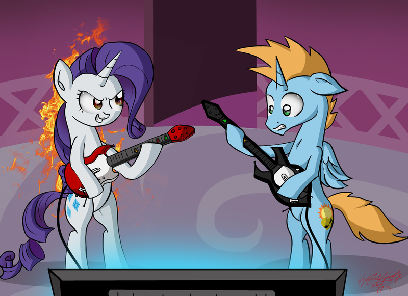 Size: 2873x2087 | Tagged: alicorn, alicorn oc, artist:zsparkonequus, derpibooru import, guitar, guitar hero, horn, musical instrument, oc, oc:harmony star, rarity, safe, television, through the fire and flames, wings