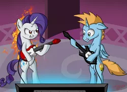 Size: 2873x2087 | Tagged: alicorn, alicorn oc, artist:zsparkonequus, derpibooru import, guitar, guitar hero, horn, musical instrument, oc, oc:harmony star, rarity, safe, television, through the fire and flames, wings