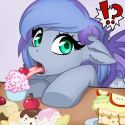 Size: 1300x1300 | Tagged: safe, artist:ynery, derpibooru import, oc, oc:silver wing (batpony), bat pony, pony, apple, banana, bat pony oc, bat wings, cake, cherry, commission, cupcake, cute, fangs, food, licking, looking at you, open mouth, simple background, solo, tongue out, wings, your character here