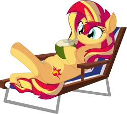 Size: 6922x6228 | Tagged: safe, artist:cyanlightning, derpibooru import, sunset shimmer, pony, unicorn, .svg available, absurd resolution, chair, chest fluff, coconut, coconut cup, cute, drinking, drinking straw, ear fluff, female, food, mare, on back, simple background, sitting, smiling, solo, straw, transparent background, vector