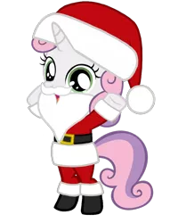 Size: 782x1024 | Tagged: artist needed, safe, derpibooru import, sweetie belle, pony, unicorn, belt, bipedal, boots, christmas, clothes, costume, cute, diasweetes, fake beard, female, filly, hat, holiday, horn, image, looking at you, open mouth, png, santa beard, santa claus, santa costume, santa hat, shoes, simple background, solo, standing, sweetie claus, transparent background, vector