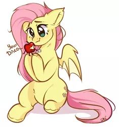 Size: 1177x1252 | Tagged: safe, artist:pledus, derpibooru import, fluttershy, bat pony, pony, the big mac question, apple, bat ponified, cute, female, flutterbat, food, heart eyes, implied discoshy, implied shipping, implied straight, living apple, mare, race swap, shyabates, shyabetes, simple background, white background, wingding eyes