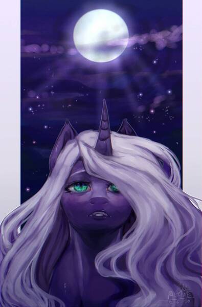 Size: 1250x1900 | Tagged: safe, artist:riukime, derpibooru import, oc, oc:star nebula moon, unofficial characters only, alicorn, pony, bust, looking at you, moon, solo