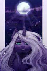 Size: 1250x1900 | Tagged: safe, artist:riukime, derpibooru import, oc, oc:star nebula moon, unofficial characters only, alicorn, pony, bust, looking at you, moon, solo